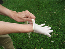 person putting on gloves