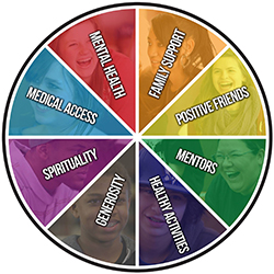 sources of strength wheel showing the list of strength areas: mental health, family support, positive friends, mentors, healthy activities, generosity, spirituality, and medical access