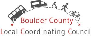 Boulder County Local Coordinating Council Logo with a drawing of a bus, van, wheelchair, person walking, and a bike