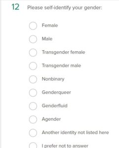 Example of demographic questions on gender expression and identity