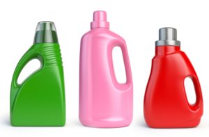 Set of detergent bottles and containers, cleaning and washing supplies, 3d illustration