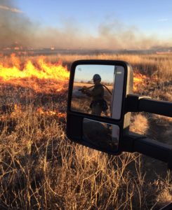 Fire Management reflected in side mirror during prescribed burn