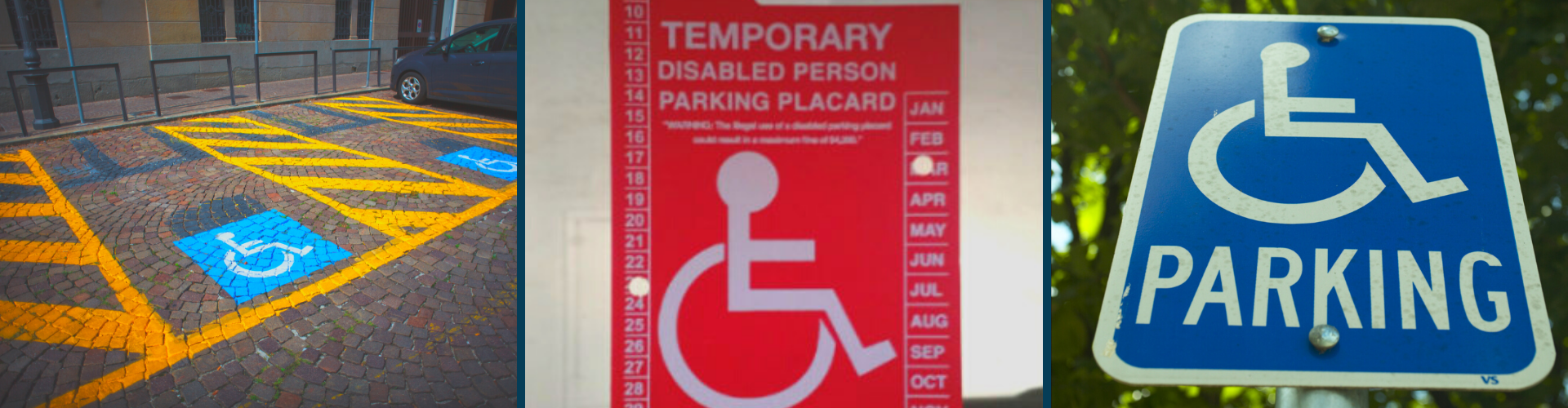 Banner images of Handicapped parking spots, placard, and sign