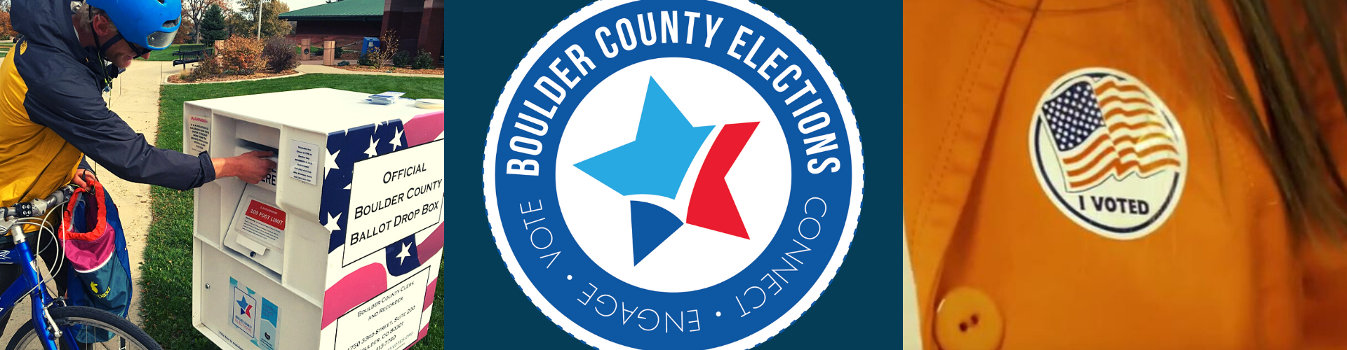 voter dropping off ballot at 24-hour ballot dropbox, Boulder County Elections logo, person wearing "I Voted" sticker