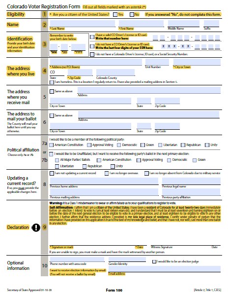 Colorado voter registration form with required sections highlighted