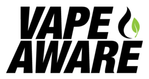 vape aware logo black text with green leaf