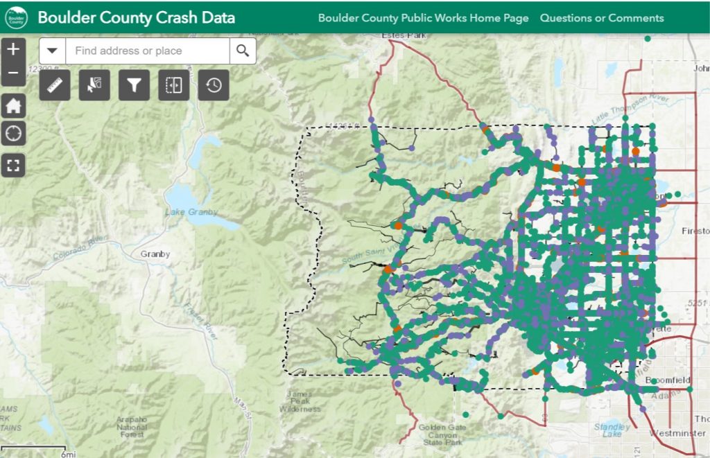 screenshot of Boulder County traffic crash data map