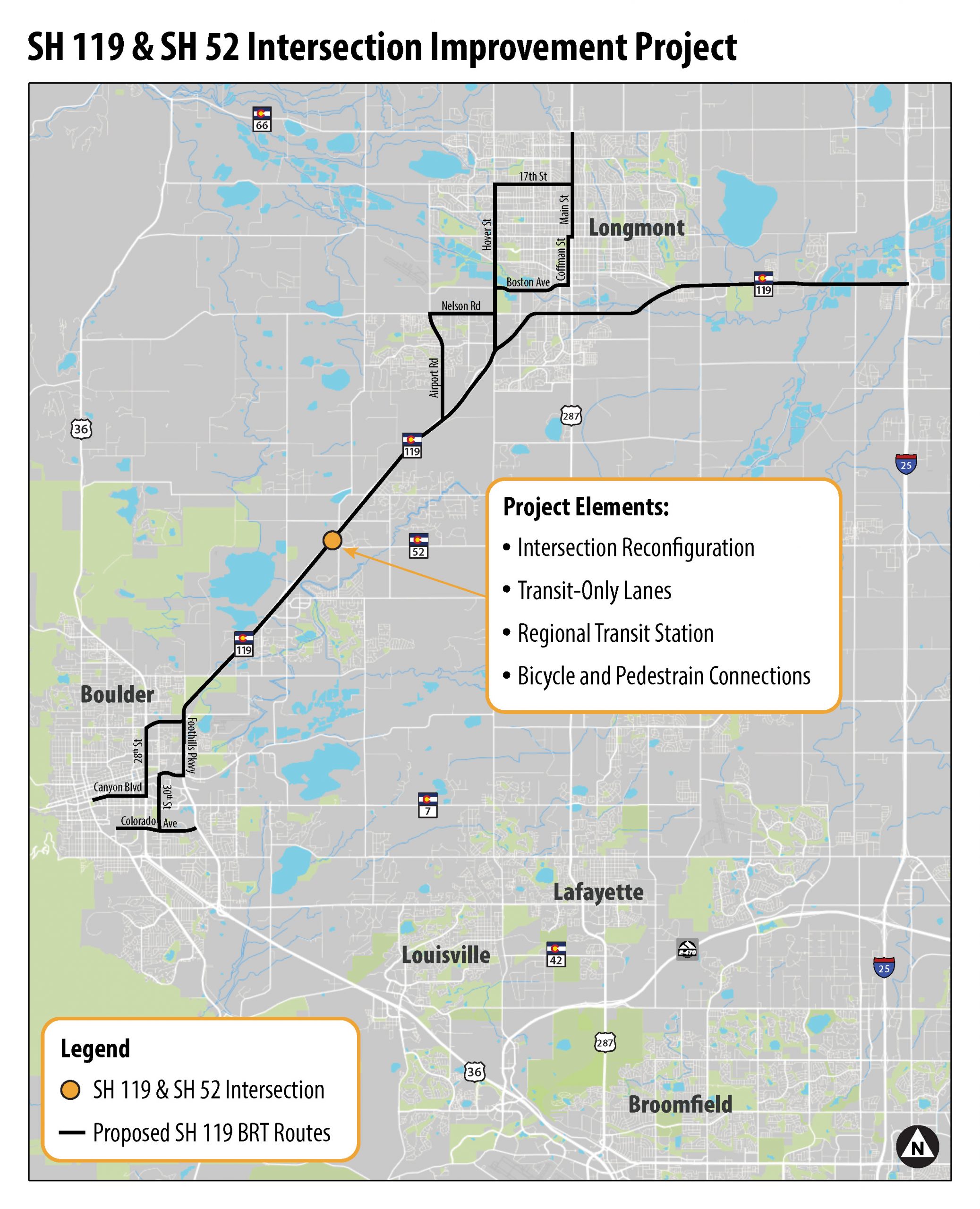 Map showing project elements for the SH 119 and SH 52 intersection improvement project