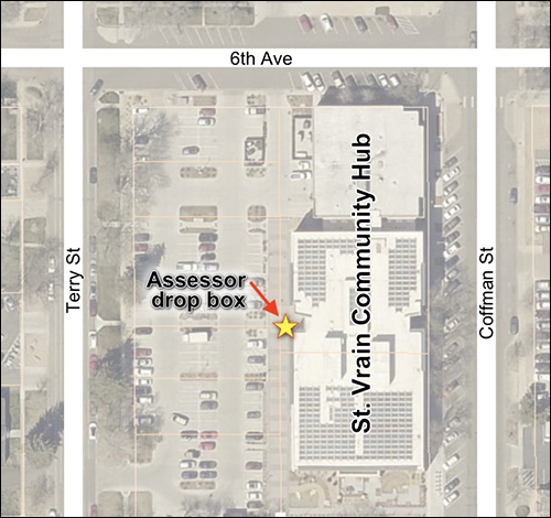 Map for the Longmont Assessor's drop box at the St. Vrain Hub in Longmont at 515 Coffman St. Located by the rear entrance on the west side, near Terry St.