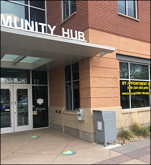 Photo of the Longmont Assessor's drop box is at the St. Vrain Hub in Longmont at 515 Coffman St. It is located by the rear entrance on the west side, near Terry St.