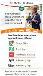Mobility for All free 90-minute smartphone app workshops include Google Maps, Transit App, RTD Mobile Ticketing, Lyft, and Uber