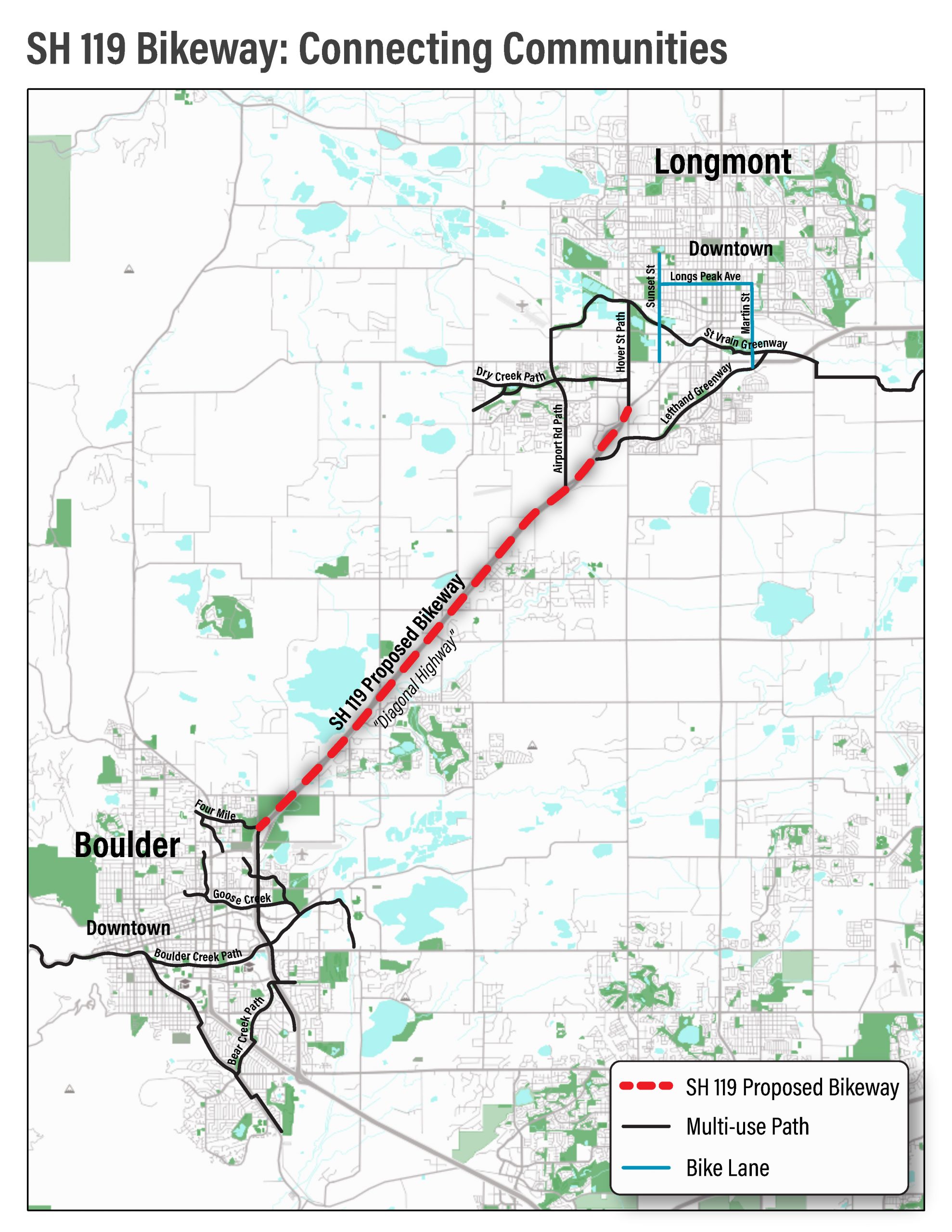 Map of SH 119 Proposed Bikeway connecting Boulder and Longmont