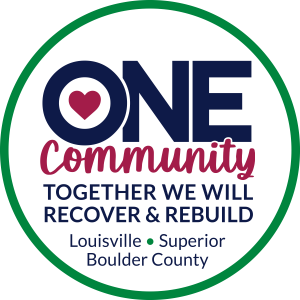 One Community logo. Together we will recover and Rebuild. Louisville, Superior and Boulder County.