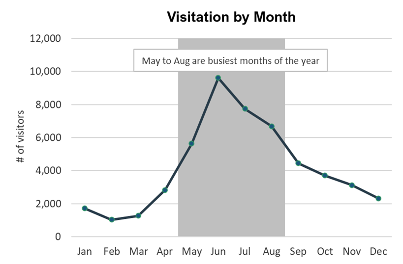 Line graph showing May through August are the busiest months of the year
