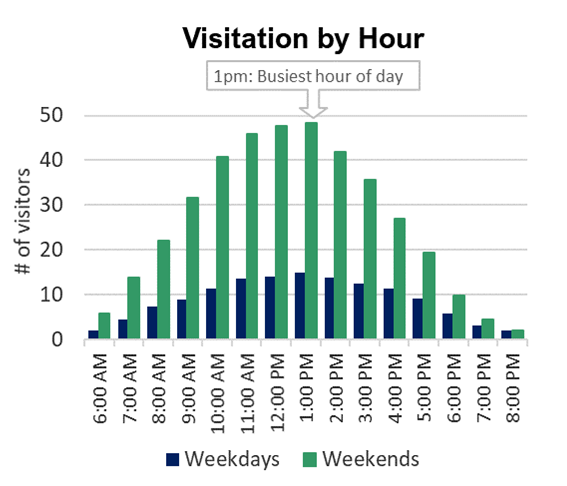 Bar chart showing 1pm was the busiest hour