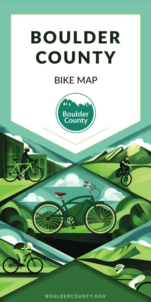 Boulder County Bike Map cover image, featuring happy people riding bicycles in the green mountains and plains of Boulder County.