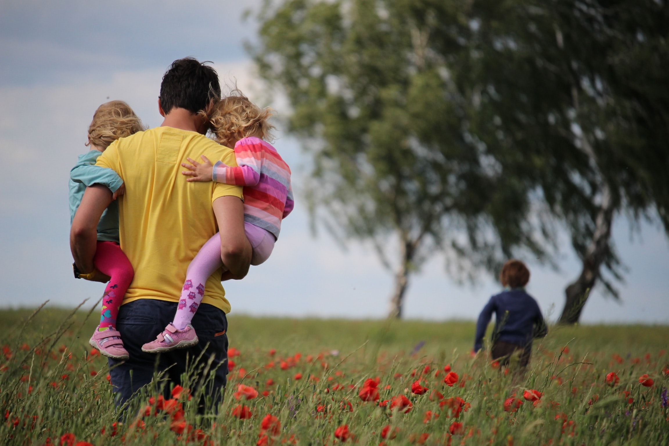 Man holding two children walking of a flower field