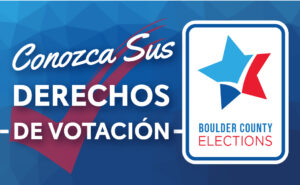 Spanish Boulder County Infographic that reads "Know your voting rights". Infografía del condado de Boulder en español que dice "Conozca sus derechos de voto" 