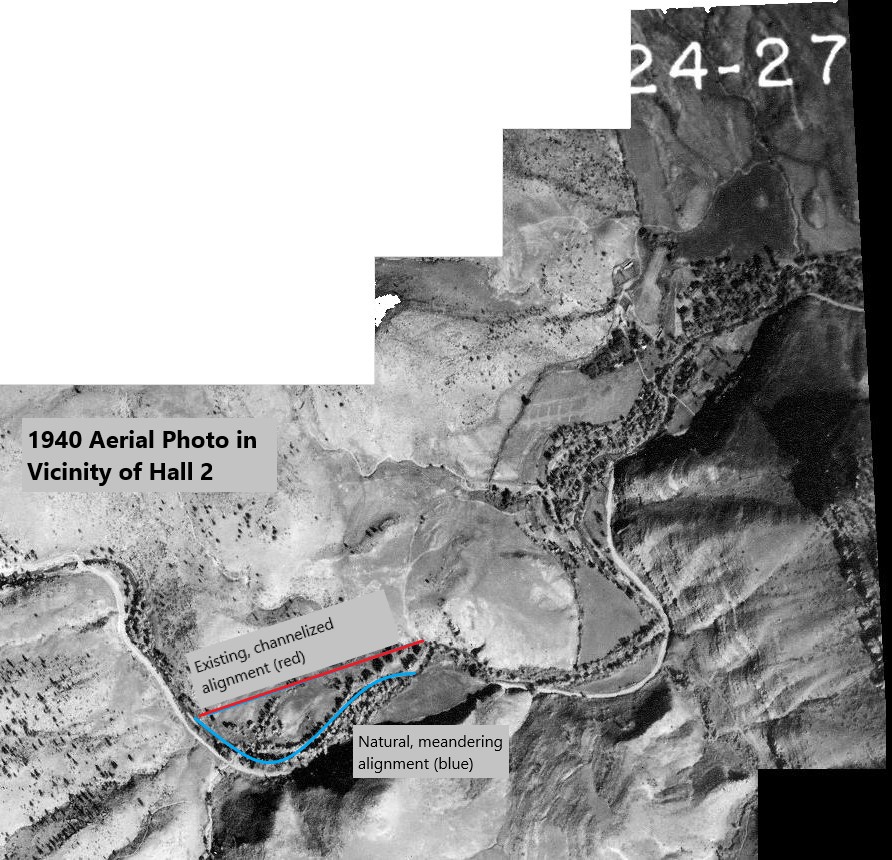 Aerial photo of the Lyons Quarry area showing the creek had a natural, meandering alignment before it was changed to the current channelized alignment