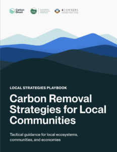 Illustrated cover of Local Strategies Playbook: Carbon Removal Strategies for Local Communities. The cover image is an an illustration of blue mountains.