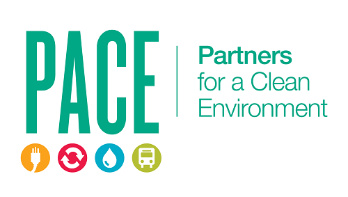Logo for Partners for a Clean Environment (PACE) - Green Text with small circular icons related to sustainability