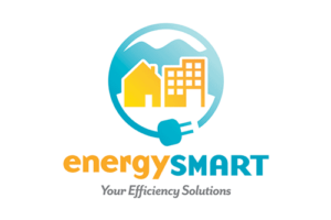 Logo for the EnergySmart program, which features blue and yellow illustration of two buildings in front of a mountain range, encircled by a cable and plug