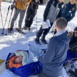 Teens outdoors in the snow learning survival skills