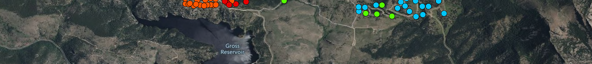Google Earth image of land around Gross Reservoir in Boulder County, Colorado with dots indicating severity of impacts from Gross Dam Expansion Project