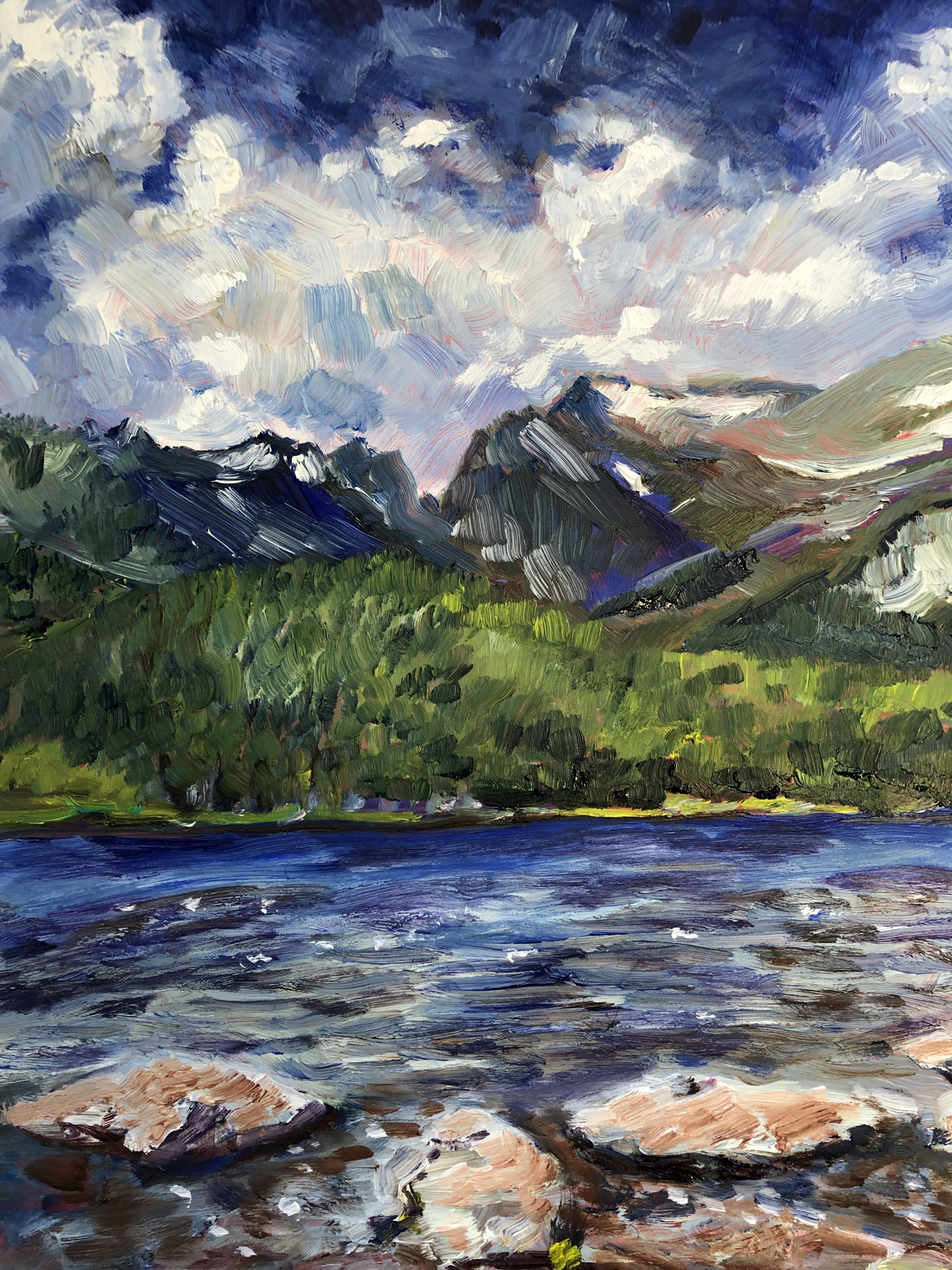 Painting of a lake with mountains in the background