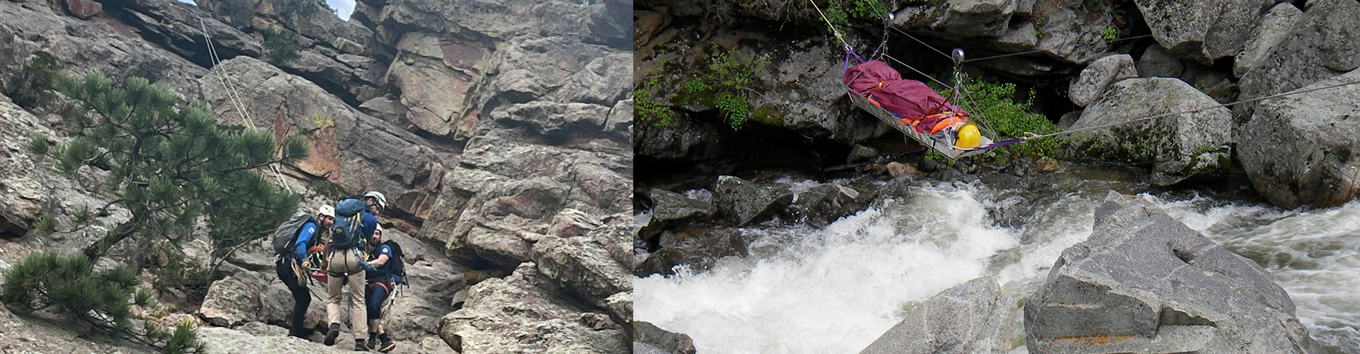 Injured people being rescued off the side of a mountain and in a rushing stream by emergency responders