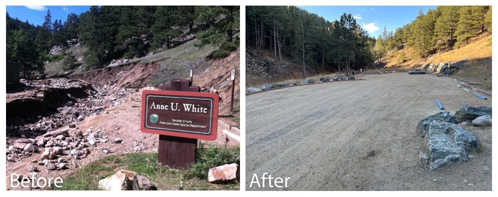 Side-by-side photos showing restoration of the Anne U. White parking lot before and after repairs.