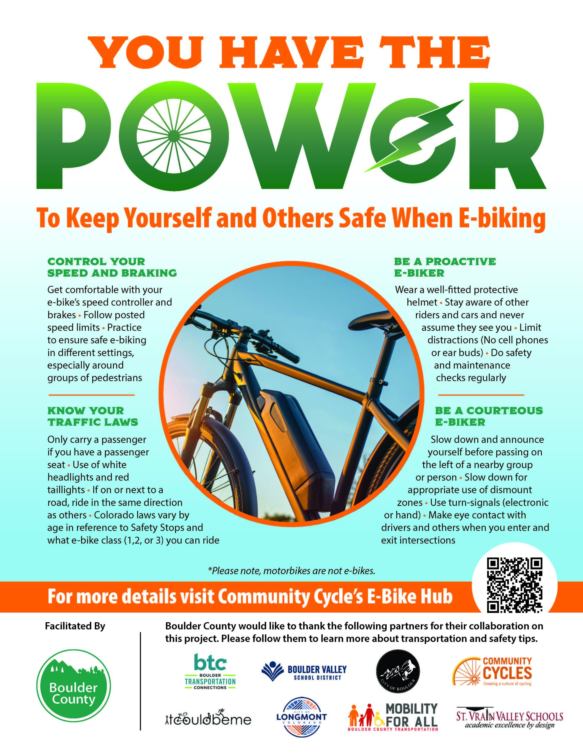 A poster illustrating the ways an e-bike rider practice safe riding
