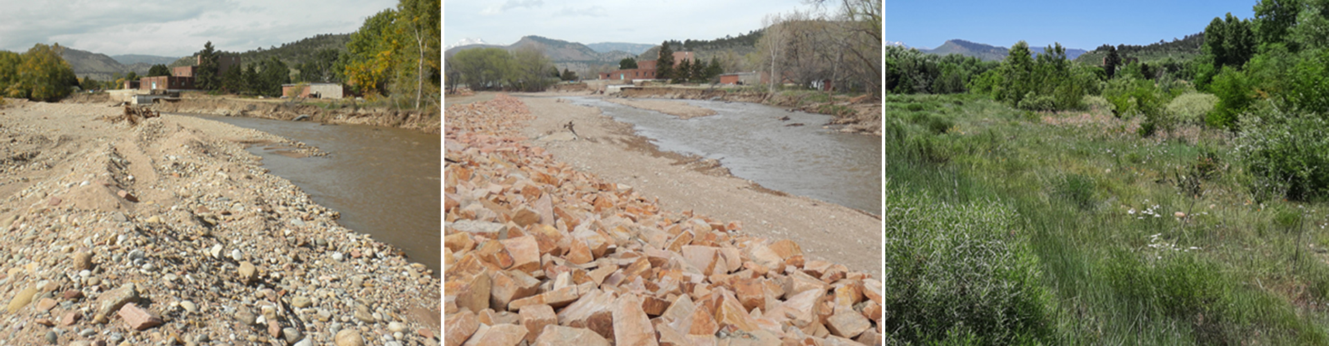 Three images from the same location along the St. Vrain Creek different stages of recovery work.