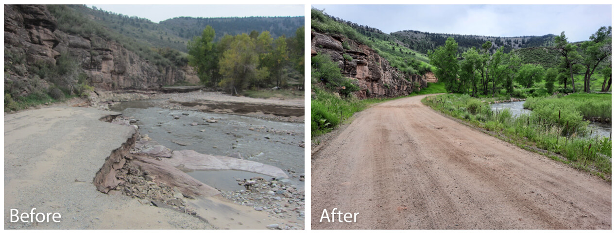 Side by side image showing the access road before and after repairs.