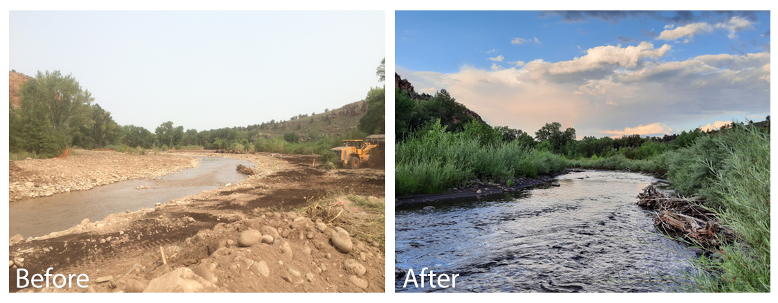 Side-by-side photos showing the South St. Vrain Creek before and after repairs.
