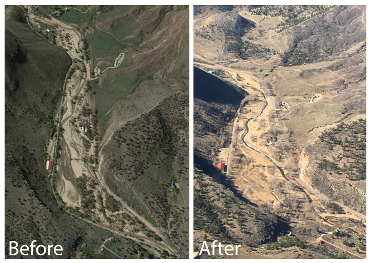 Side-by-side aerial photos showing the South St. Vrain Creek before and after repairs.