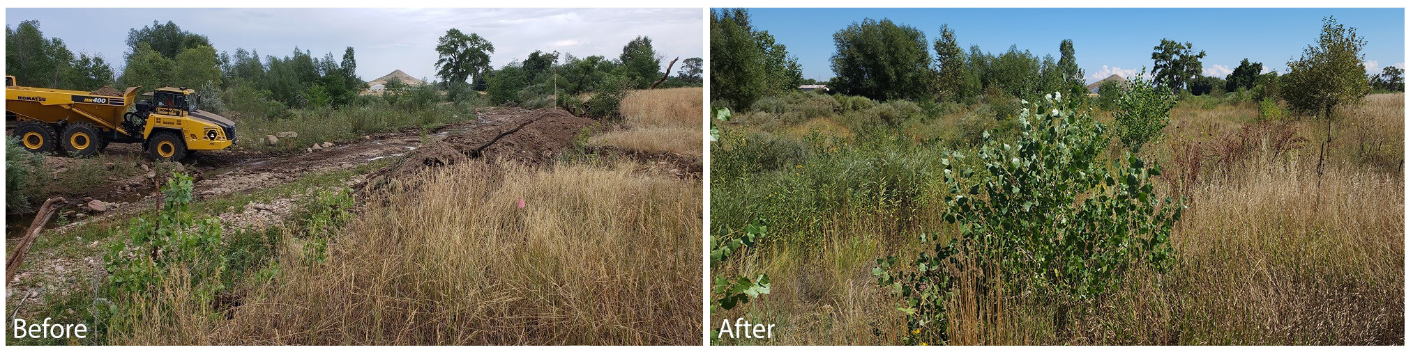 Side-by-side photos showing restoration of Left Hand Creek before and after repairs.