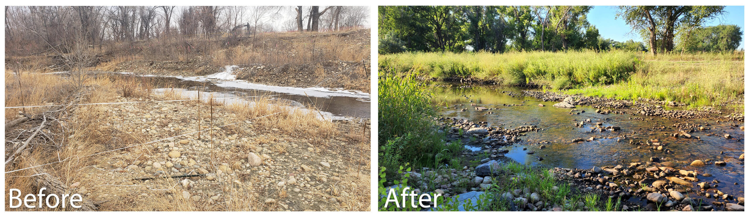 Side-by-side photos showing restoration of the Niwot Ditch project before and after repairs.