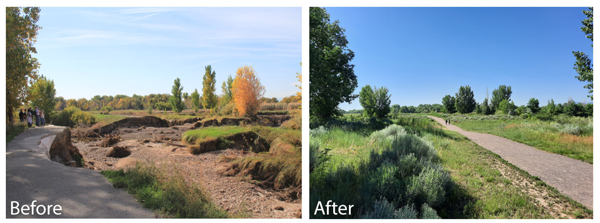 Side-by-side photos showing restoration of a trail at Pella Crossing before and after repairs.