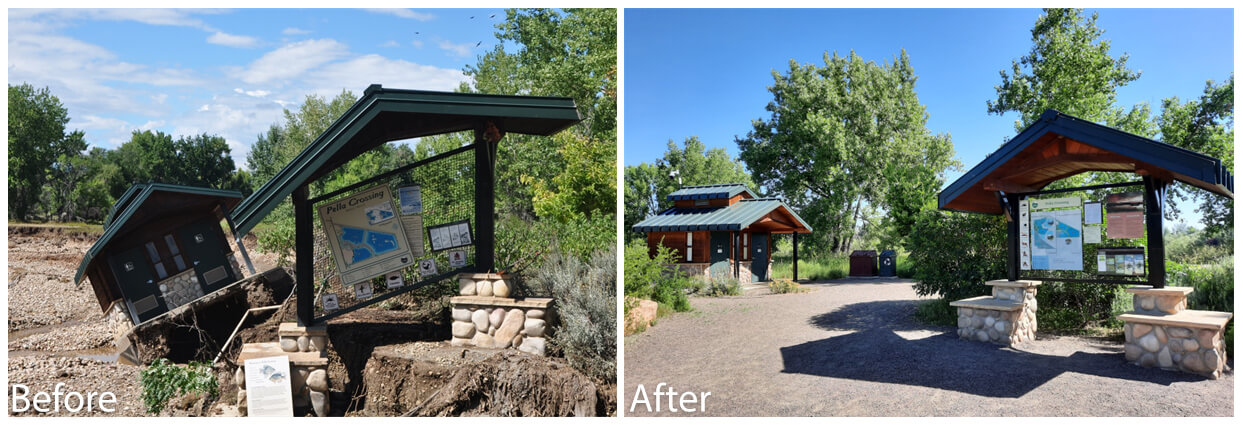 Side-by-side photos showing restoration of the Pella Crossing trailhead before and after repairs.