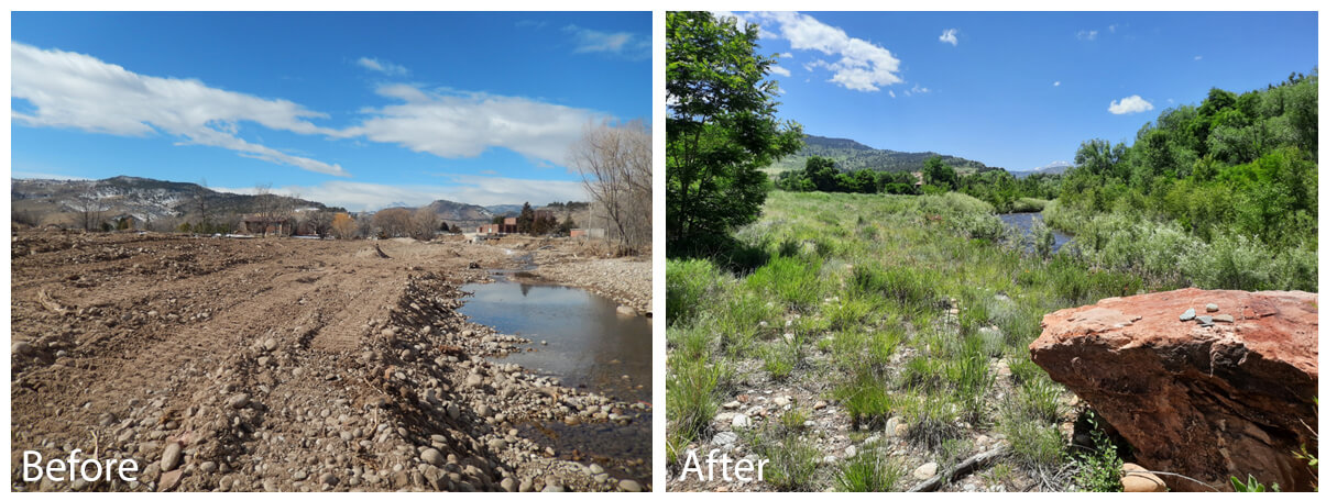 Side-by-side photos showing restoration of the St. Vrain Creek before and after repairs.