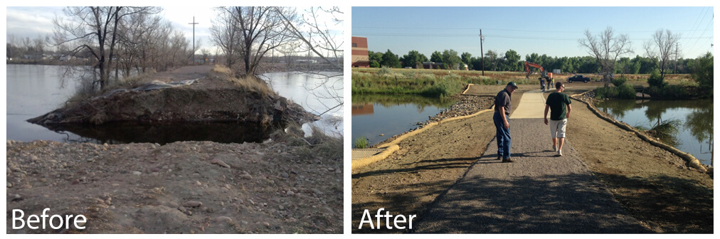 Side-by-side photos showing restoration of a pond breach at Walden Ponds Wildlife Habitat before and after repairs.
