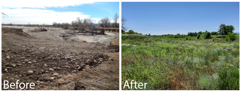 Side-by-side photos showing restoration of the Western Mobile property before and after repairs.