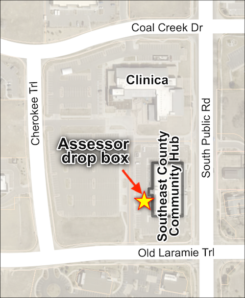 Map for the Lafayette Assessor's drop box at the Southeast County Community Hub in Longmont at 1755 South Public Road. Located on the west side of the building to the right of the main entrance.
