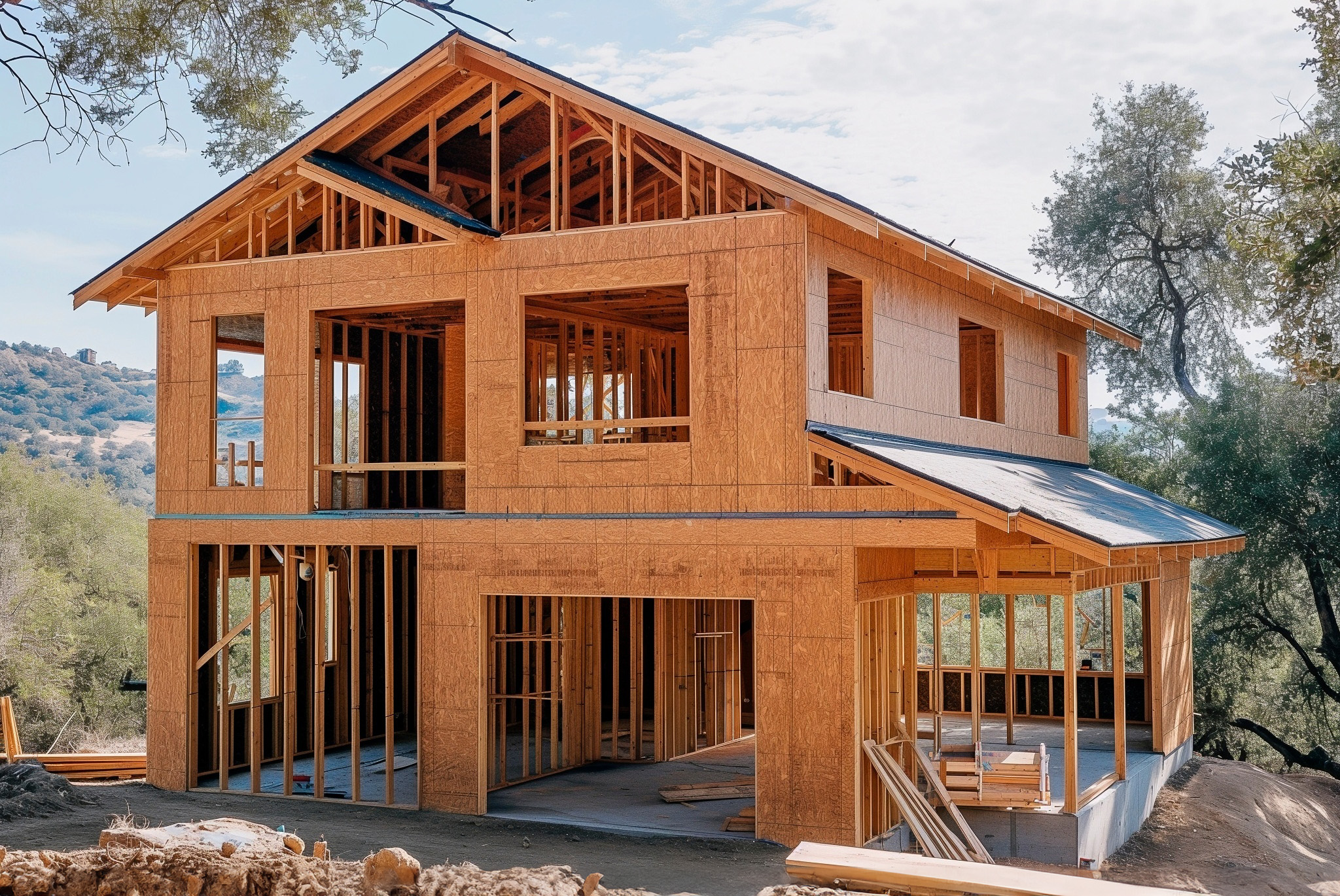 Photo of small house under construction with a view of a hillside