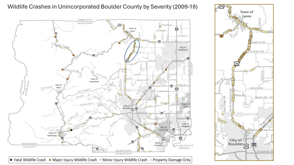 Map showing all wildlife crashes in unincorporated Boulder County by severity (2009-18)