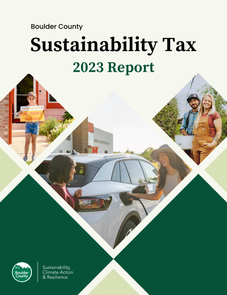Cover of Sustainability Tax 2023 Report, which features photos of a girl holding up a "we went solar!" sign, two women charging a white EV, and two farmers standing among some crops.