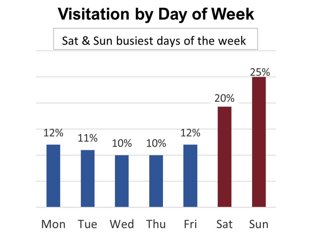 Bar graph showing visitation by day of the week. The most visits were on Saturday (20%) and Sunday (25%).
