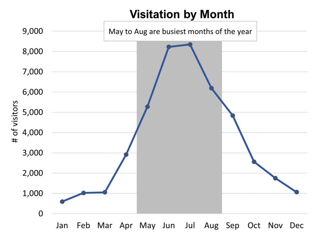 Line graph showing visitation by month. May to August were the busiest months.