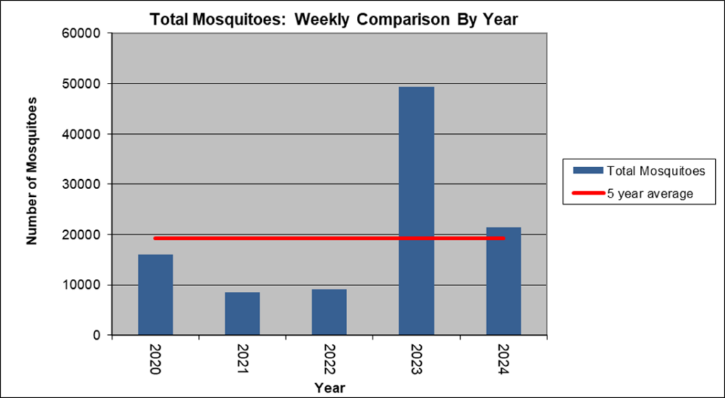 Total Mosquitoes: Weekly Comparison By Year Chart shows that so far, 2024 has seen fewer than average mosquito totals. This year is off to a much better start than 2023